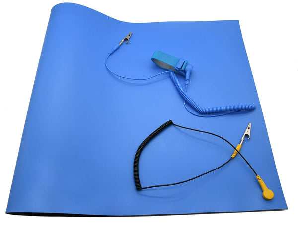 ESD High Temperature Mat Kit, 16" x 24" x 0.08", Blue Anti-Static Mat with Wrist Strap and Grounding Cord