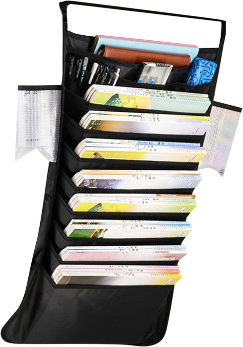 Wnvivi Desk Side Hanging Book Bag,Large Capacity Oxford Cloth Book Storage Bag with Cup Holder,Classroom Hanging