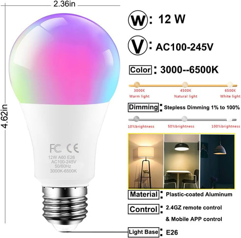 E26 Bulb 2.4GHz 12W 1000lm Soothing,100W Equivalent,Dimmable 1% 100% 3000-6500K,2 Bulb 1Remote RGBCW Smart Light LED