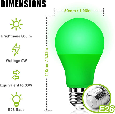 Green Light Bulb, 9W 800LM LED A19 E26 Base, Outdoor Decorative Holiday Light Bulbs, 3-Pack