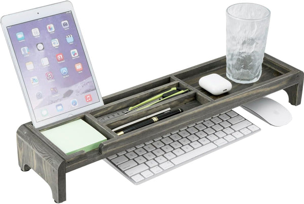 MyGift Desk Organizer Keyboard Shelf, Vintage Weathered Gray Solid Wood Office Storage Tray with 5 Compartments