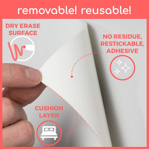 Peel and Stick White Board - 24"x36" Dry Erase Board with Stain Proof Surface and Restickable Adhesive