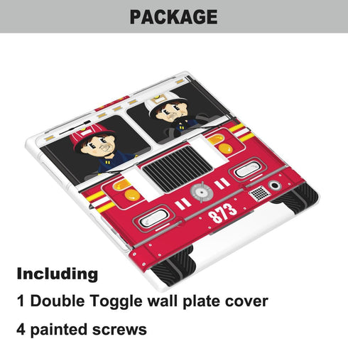 Cute Cartoon Fire Truck Light Switch Cover, Male and Female Firefighters 2-Gang Toggle Wall Plate for Teen Room