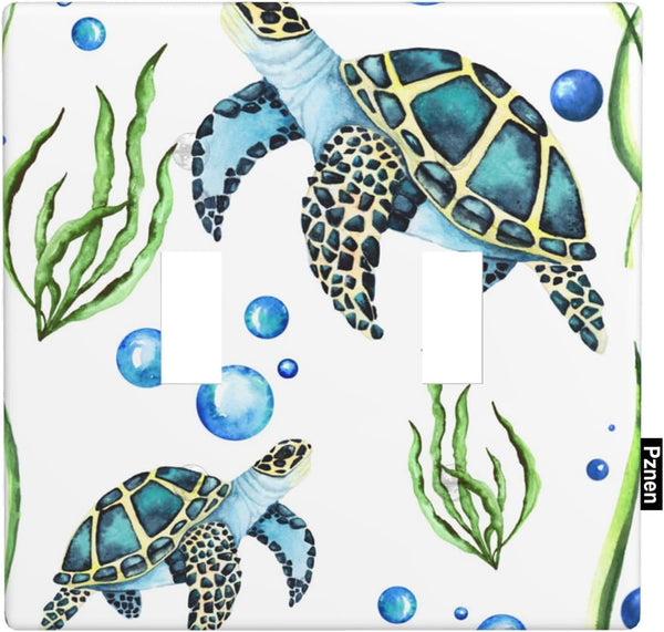 Sea Turtle 2-Gang Light Switch Cover Plate - Underwater Ocean Turtle Green Seaweed Blue Water Bubbles Nautical Decor