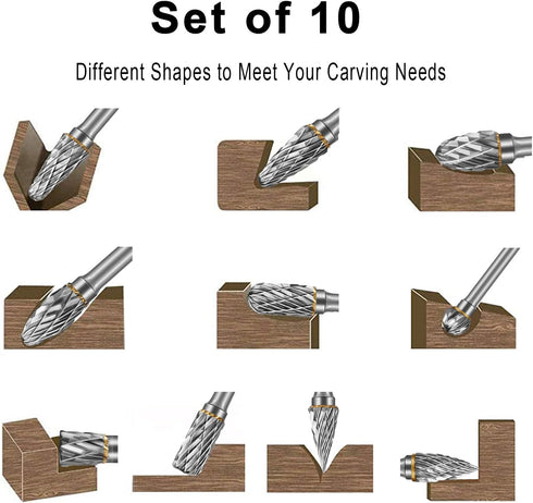 Carbide Burr Set, 10 PC Die Grinder Bits, 1/8" Shank Rotary Tool Accessories for Wood Carving