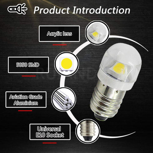 Ruiandsion 4pcs E10 LED Bulb 3V 0.6W 5050 1SMD White 6000K Upgrade for Lamps Flashlights Torch Light