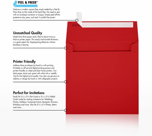 LUXPaper Square Invitation Envelopes, Peel & Press, 5 1/2" x 5 1/2", Ruby Red, 50 Qty