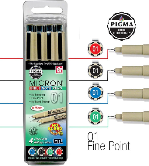 G.T. Luscombe Pigma Micron 01 Fine Point Bible Note Pen Kit, No Bleed, Black, Blue, Green, Red (Set of 4)