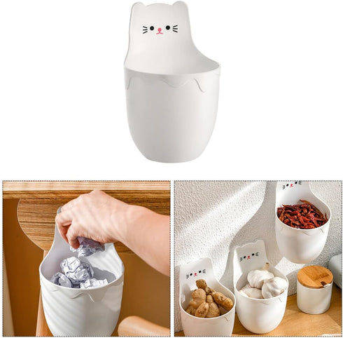 Wall-mounted Pen Holder and Pencil Storage Organizer, White Cartoon Cat Design, Nail-free Office Supply Container