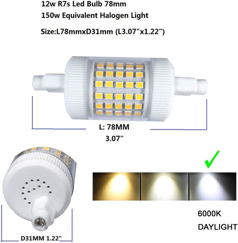 QLEE Dimmable 12W R7s Bulb 78mm 150W 3.1" T3 R7s 120V 2PCS LED Daylight Equivalent Halogen Double Ended J Base Flooding