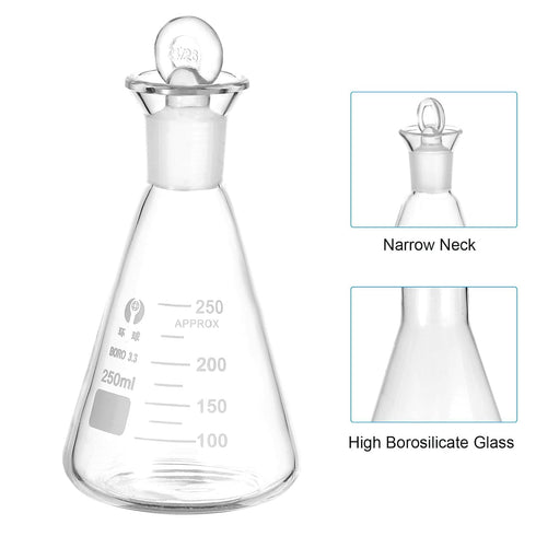 PATIKIL 250ml Erlenmeyer Flask, 8.5oz Narrow Mouth Graduated Flask with Glass Stopper for Lab Experiment