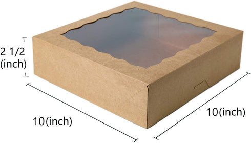 ONE MORE 10inch Natural Kraft Bakery Pie Boxes With PVC Windows,Large Cookie box 10x10x2.5inch 12 of Pack (Brown,12)
