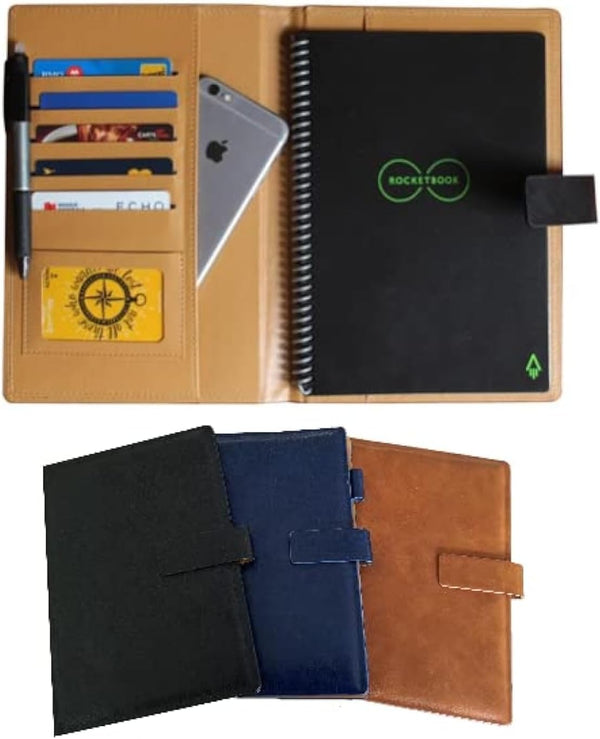 Thegreen Hard PU Leather Cover for Rocketbook Executive-Letter Size, Black/Dark Brown, Fake Leather Fabric with Pen
