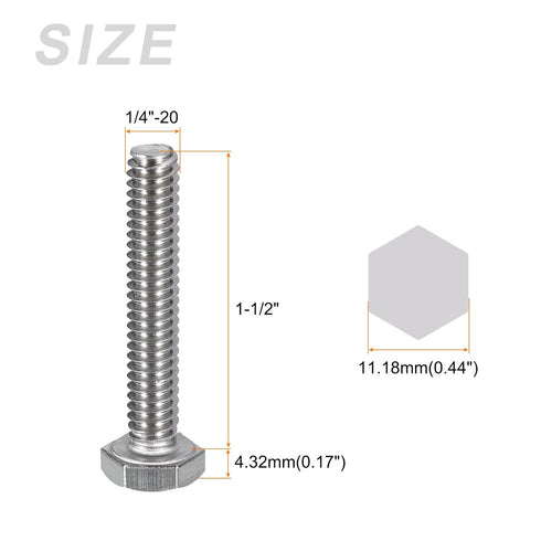 Hex Bolts 10Pcs (1/4-20x1-1/2"), 304 Stainless Steel UNC Fully Threaded Hex Head Screw Bolt Machine Screws