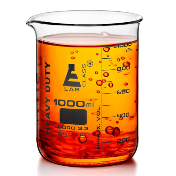 EISCO Heavy Duty Beaker, 1000ml, 5mm Thick, White Graduations, Borosilicate 3.3 Glass, Superior Durability