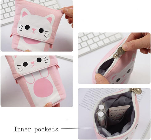 iSuperb Standing Pencil Pouch, Cute Cat Telescopic Zipper Canvas Pencil Bag for Kids