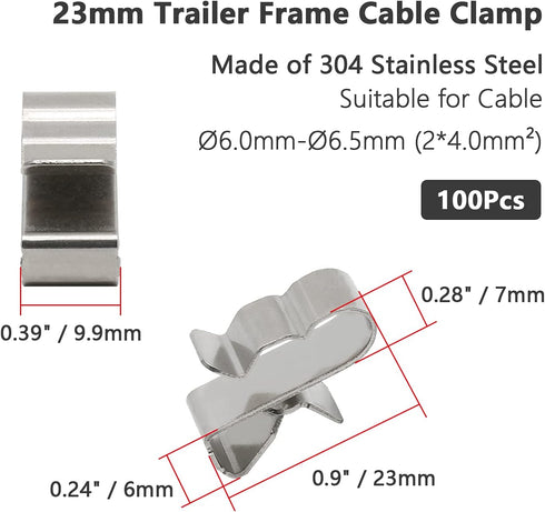 Qjaiune 100Pcs 23mm 304 Trailer Frame Wire Clips, Length Solar Panel Wire Clips, Stainless Steel Cable Clamps