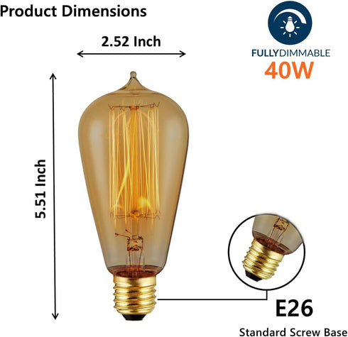 12-Pack Bulb 40W ST64 2200K E26 Dimmable Edison Light - Vintage Squirrel Cage Filament Amber Glass Incandescent Lamps