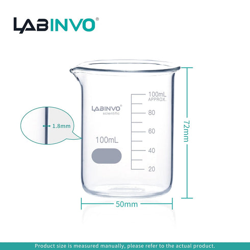 Low Form Graduated Glass Beaker Set, 12pcs of 100ml, 3.3 Borosilicate Glass