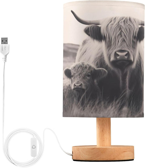 Qilmy Highland Cow Bedside Table Lamp with LED Light Included, Button Switch Control