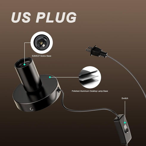 Hompavo E26/E27 Light Bulb Socket, Polished Metal Desktop/Hanging Lamp Base, 6 Feet Copper Cord, On Off Switch - Black