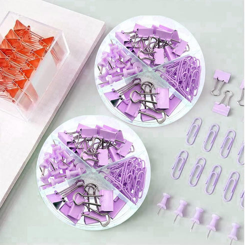 Purple Paper Clips and Binder Clips Set, 216 pcs, Cute Metal Assorted Sized Binders with Push Pins