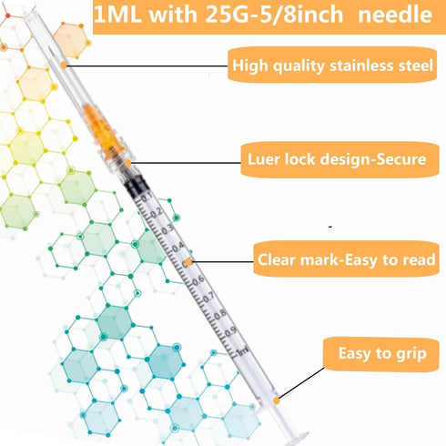 50 Pack 1ml 25 Gauge 5/8 Inch Syringes for Scientific Labs, Industrial Dispensing, Individually Sealed