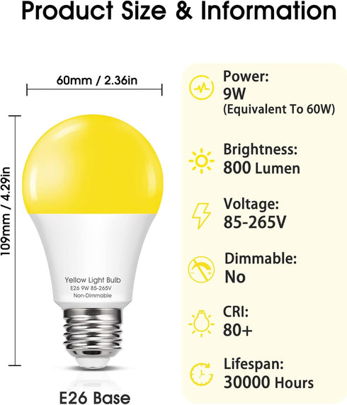 Yellow LED Bug Light Bulbs, A19 Outdoor 60W Equivalent, 9W Yellow Amber Bug Lights, E26 Base, Non-Dimmable, 4 Pack
