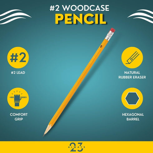 WoodCased Pencils, Yellow, Pre-sharpened, Pencils with Erasers, 2 HB 12 Pack by Always23