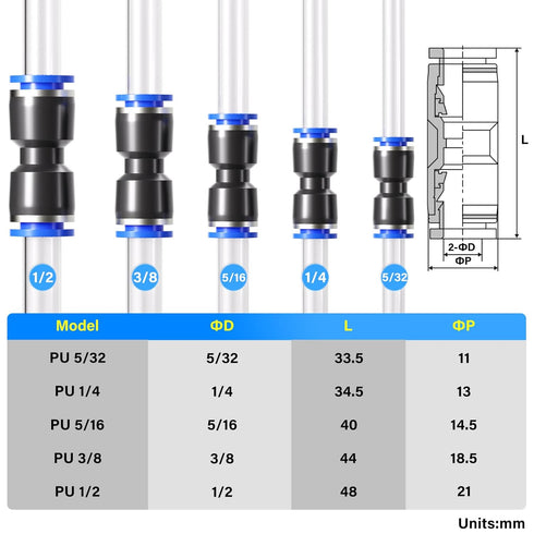 TAILONZ PNEUMATIC 50 pcs Straight Push Connectors Plastic Quick Release Connectors Air Line Fittings for 5/32 1/4 5/16 3/8 1/2Tube (2 Way)