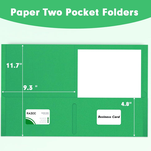 RAZCC Two Pocket Folders, 50 Pack, Fit Letter Size Paper, Pockets for School, Office, Business, Green