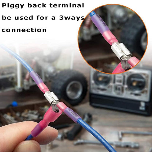 50PCS Heat Shrink Piggyback Spade Connectors, 16-14AWG Electrical Butt Terminals for Marine, Electronics, Automotive