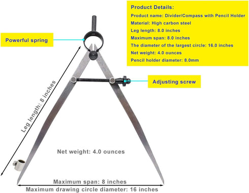 ZLKSKER 8 inch Professional Spring Wing Divider/Scriber, All Metal Leather Work, Woodworking Compass with Pencil Holder