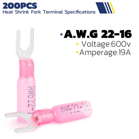 Haisstronica 200PCS Heat Shrink Fork Spade Connectors, #10 Waterproof Marine Grade Fork Terminal Connectors