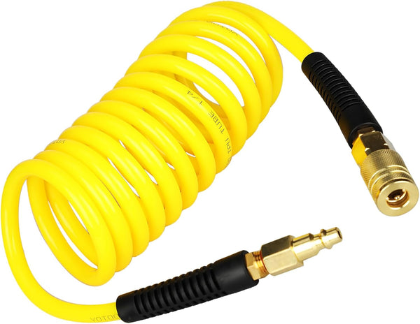 YOTOO Polyurethane Recoil Air Hose: 1/4" Inner Diameter by 10' Long with Bend Restrictor and Quick Coupler.