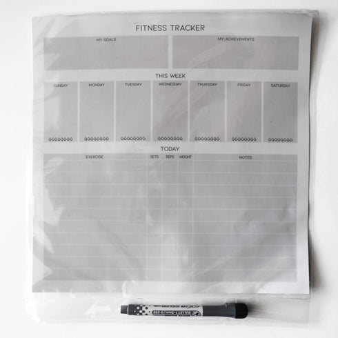 Dry Erase Whiteboard Fitness Tracker, Removable and Restickable Adhesive Decal, Fine-Tip Magnetic Marker Included
