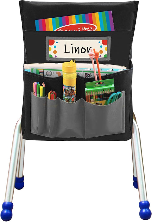 Black Chair Back Pocket Organizer, School Seat Storage Pocket with Label Slot and Multiple Pockets for Classroom