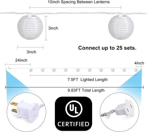 10 120V 9.83FT TIGOMOOV White Nylon Lantern String Lights, Plug in, White Wire, Waterproof Indoor Outdoor Hanging Fairy