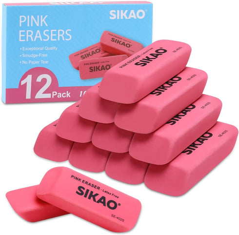 Pink Erasers 12 Pack - Latex Free Pencil Erasers for Kids, Rubber Art Erasers for Classroom Essentials