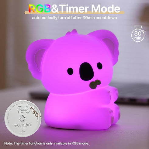 3 Dimmable Cute Koala Night Light for Kids Rechargeable, Battery Operated Nightlight Level with RGB&Timer, Silicone