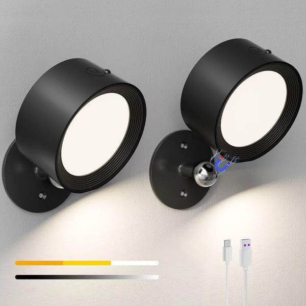 LED Reading Lights, Rechargeable USB Wall Mounted Sconces 3 Color Temperatures, 360
