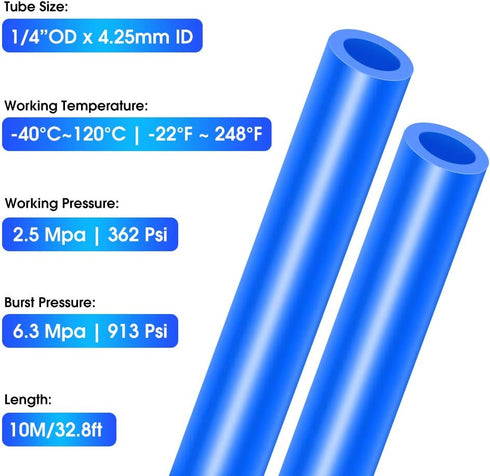 TAILONZ PNEUMATIC Air Line, 3/8 inch OD Blue Nylon Tube, 32.8ft Air Brake Tubing Hose