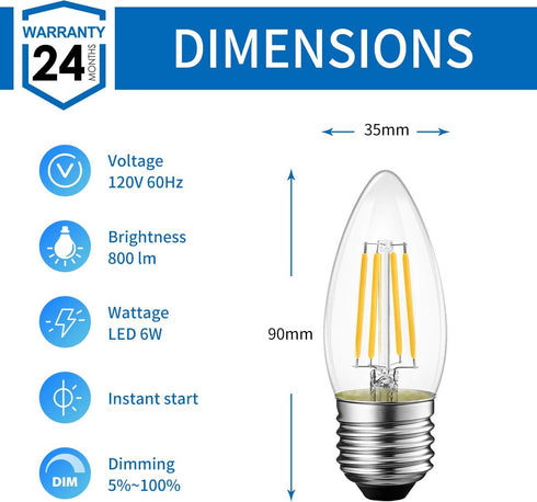 B11 Bulb Bulb Dimmable Bulbs 2700K 6W(60W E26 Lightbulbs, 6 Pack ANWIO Clear Candle Light Indoor LED Filament