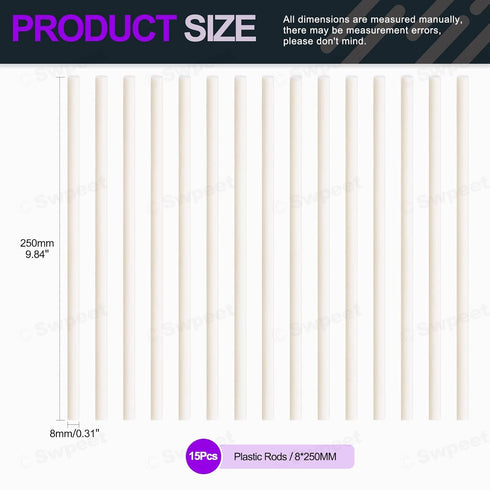 Swpeet 15Pcs Milkly Plastic Rods Assortment Kit - Diameter 8mm Length 250mm ABS Round Stick for DIY Model Making