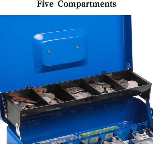 Durable Metal Cash Box with Key Lock, Money Tray, Security Locker with Cable, Blue