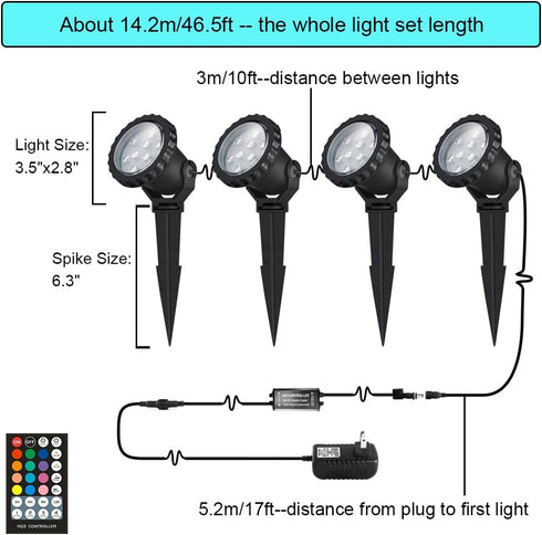 12W 800lm 120V IP66 46.5ft 4 Pack Spotlights Outdoor, RGB Color Changing Landscape Lights Plug in LED Spot Lights