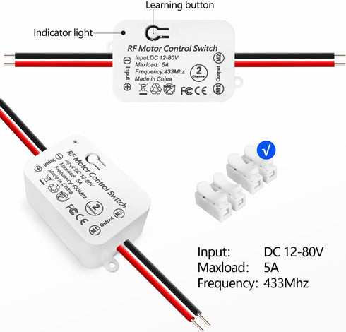 DieseRC Wireless DC Motor Remote Control Switch: DC 12V~80V 5A Relay Receiver with 2 Transmitters