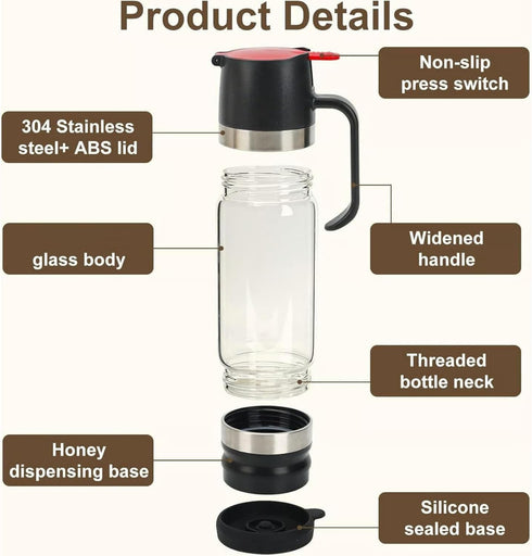 Generic 12oz (2 Honey Dispenser No Drip With Base, Pressure Design, Glass Honey Dispenser, with Handle and Stand