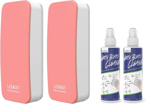 LOUKIN 2 Pack Magnetic Dry Erase Eraser, Whiteboard Eraser, Glass Board Eraser (Pink), Includes Two Bottles of Cleaners