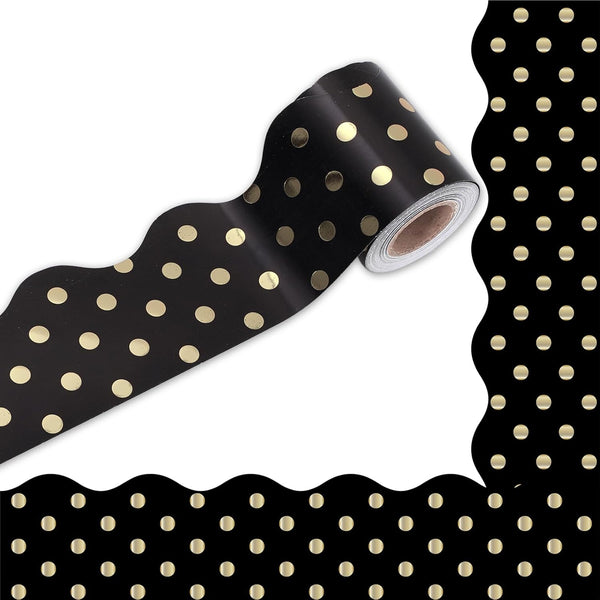 Whaline 32.8ft Dot Bulletin Board Borders, Black with Gold Foil Dot Die-Cut Trim for Classroom Decoration